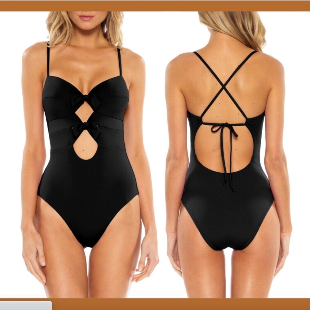 NEW $128 Becca Double Tie Front One-Piece Swimsuit in Black‎ [SZ Small ] #3418